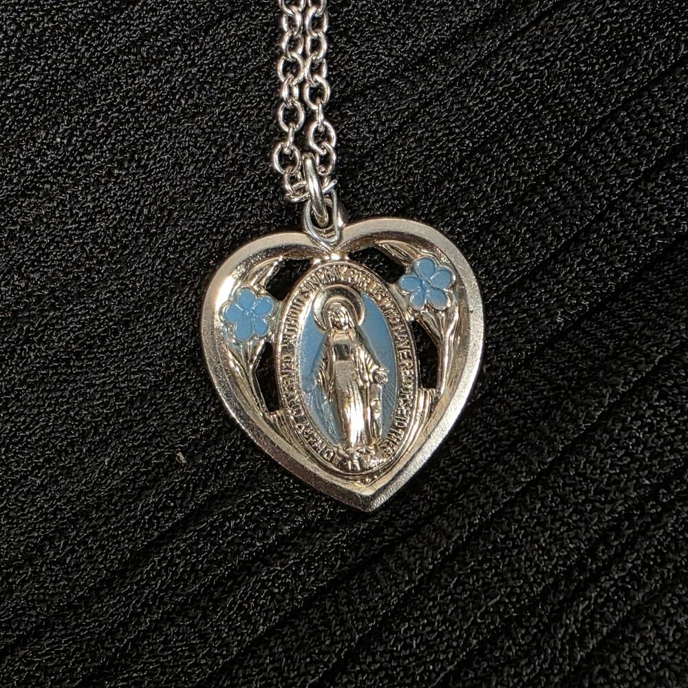 Miraculous Medal Heart Necklace Virgin Mary Blue Enamel Flower Catholic Pendant